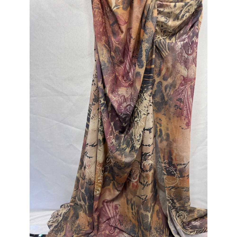 Vintage Mesh Maxi Dress Leopard Floral Script Print Ruffle Trim Bodycon Brown - Picture 4 of 13